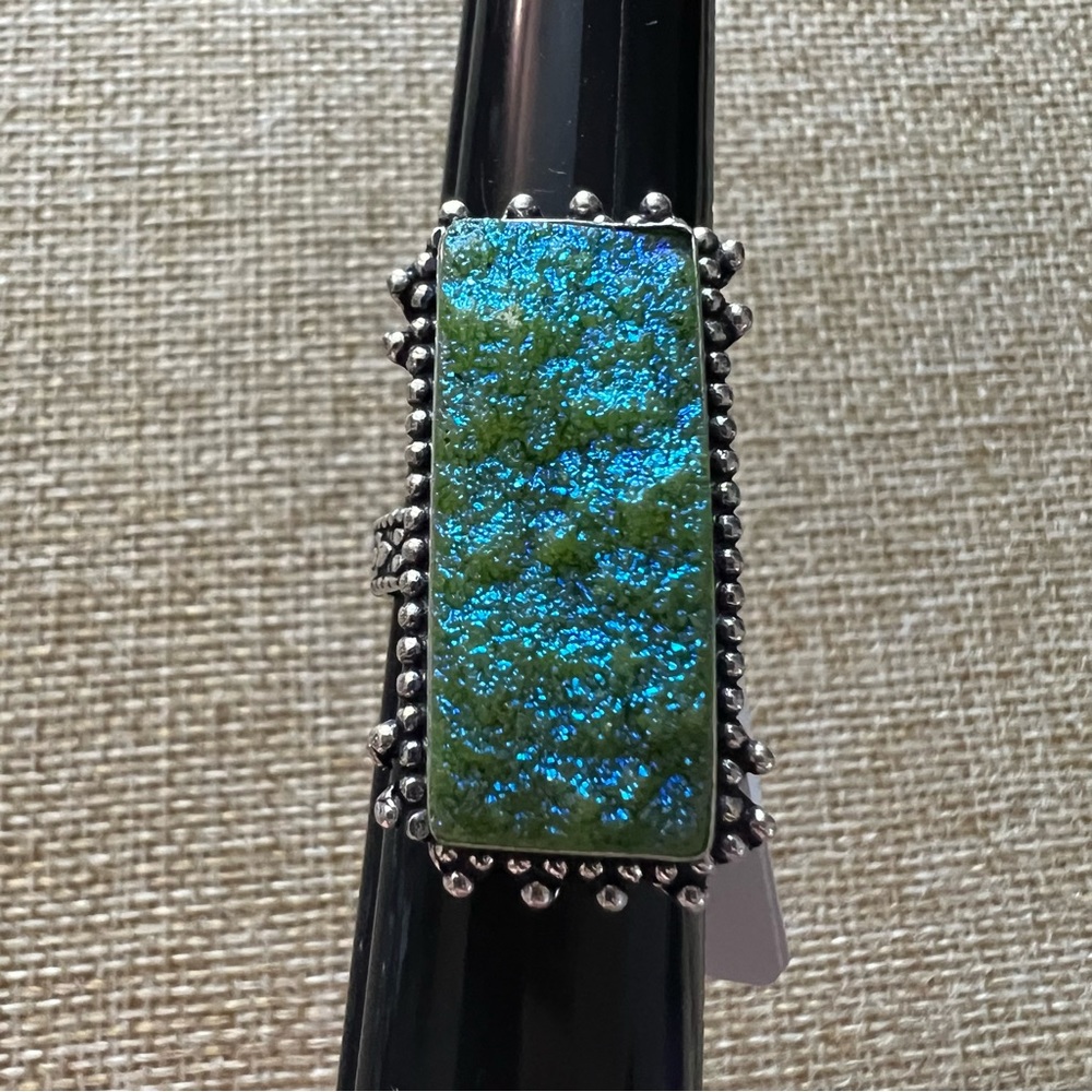 New Titanium Dip Blue Yellow Silver Overlay Druzy Crystal Ring Size 7.5